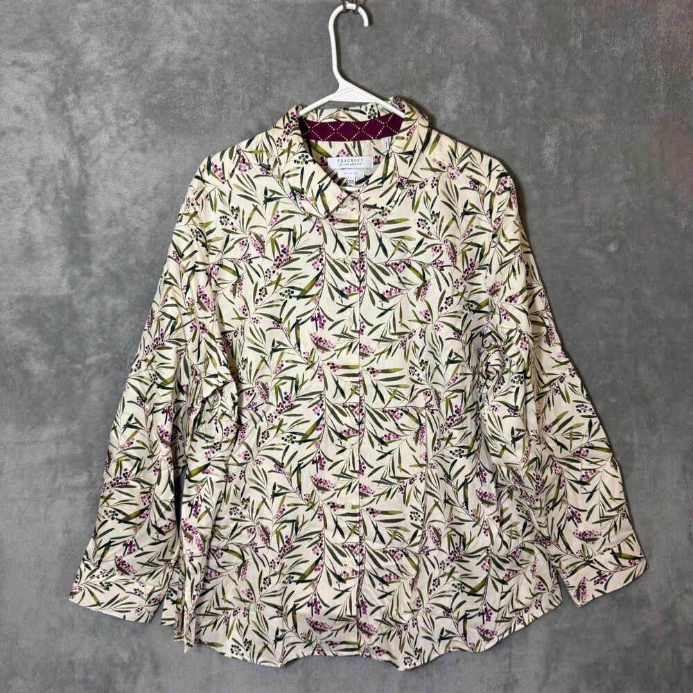 Foxcroft for Appleseeds 20W Top Floral Cotton Button Front Wrinkle Free Long Slv
